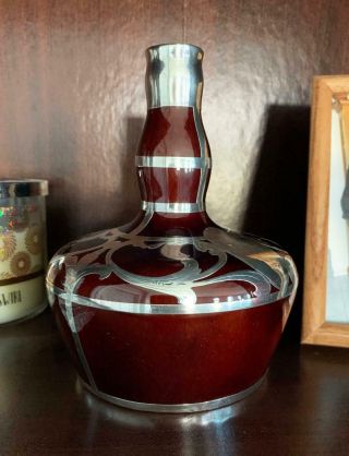 Vintage Brown Staffordshire Vase 6 1/4 " W/ Sterling Silver Overlay Art Nouveau