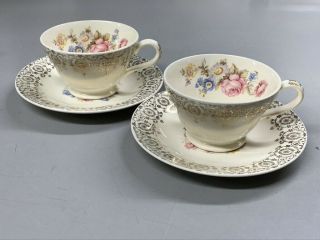 Vintage Edwin M.  Knowles Semi Vitreous - Gold Border Floral - 11 Cups 12 Saucers