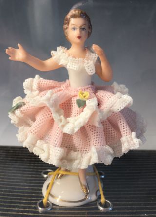 Vintage Dresden Lace Porcelain Ballerina Figurine In Ballgown Dancing Woman