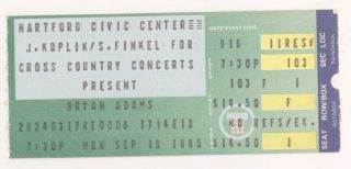 Rare Bryan Adams 9/16/85 Hartford Ct Civic Center Concert Ticket Stub