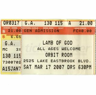 Lamb Of God Concert Ticket Stub Grand Rapids 3/17/07 Orbit Room Sacrament Tour