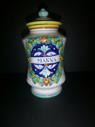 Vintage Italian Hand Painted Pottery Apothecary Jar Covered Urn Canister Manna