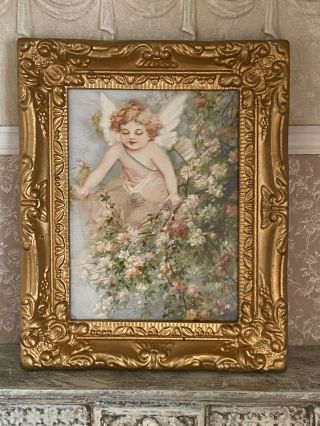 Vintage Miniature Dollhouse Gold Gilt Plaster Framed Cherub Angel Print Wall Art