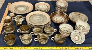 Vintage Santa Anita Ware Vreni Brown Pink Swirl Design Pottery Dishes Set