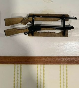 1:12 Miniature Dollhouse Rustic Wood 2 Rifles/Shot Guns With Wall Display Rack 2
