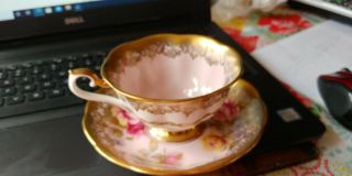 Vintage Royal Albert Pink Cabbage Roses And Heavy Gold Cup And Saucer - Teacup