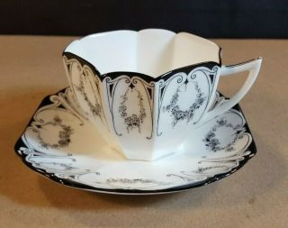 Vintage Shelley English Bone China Tea Cup & Saucer Set Black And White