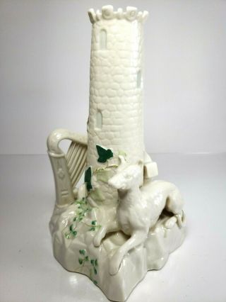 Belleek Ireland Shamrock Tower Vase With Dog,  Harp & Celtic Cross 8 1/4 " Tall