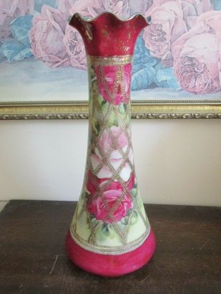 Antique Nippon I.  E.  & C.  Co.  Japan Hand Painted Vase Moriage Gold Red Roses