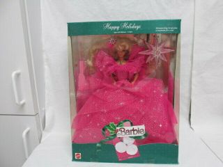 1990 Happy Holidays Barbie Doll Blonde Hair Pink Dress Mattel 4098 Orig.  Box
