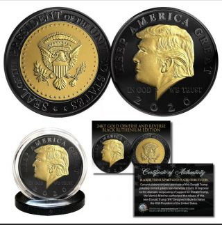 Donald Trump Black Ruthenium Edition 24k Gold Tribute Coin W/coa And Coin Stand