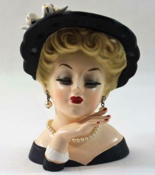 Vintage 1961 Inarco E - 190/s Lady Head Vase Planter Black Dress & Hat Pearls