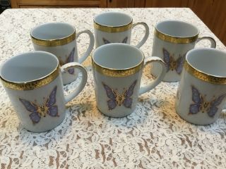 Set Of 6 Royal Gallery,  Gold Buffet,  1991 Purple Lavender Butterfly Mug Cups