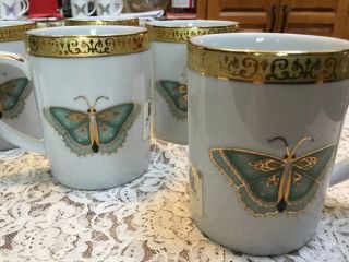 Set Of 6 Royal Gallery,  Gold Buffet,  1991 Green & Gold Butterfly Mug Cups