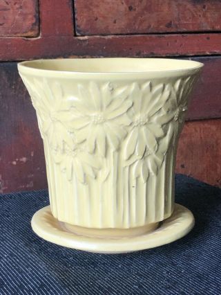 Large Vintage Mccoy Pottery Yellow Daisy Flower Pot W/ Saucer Exc