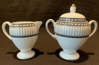 Wedgwood Colonnade Black Sugar Bowl With Lid And Creamer Gold Rim