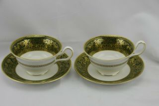 Wedgwood Florentine Dark Green Gold Dragons Peony Footed Cup Saucer Set Of 2 2