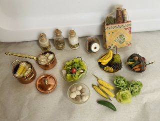 1:12 Scale Vintage Dollhouse Miniature Kitchen Food Prep Set Veggies Pots Salt