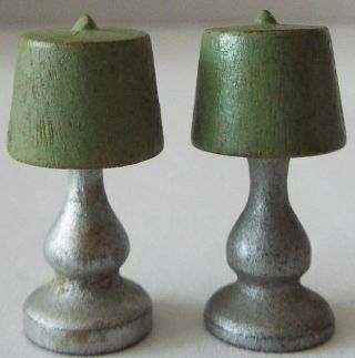 Strombecker Vintage 1930’s Dollhouse Green & Silver Wood Table Lamp Pair