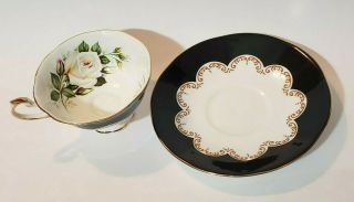 Vintage Queen ' s Fine Bone China Ebony Rosina White Roses Tea Cup and Saucer 2