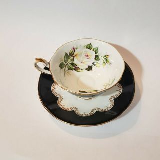 Vintage Queen ' s Fine Bone China Ebony Rosina White Roses Tea Cup and Saucer 3