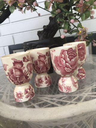 English Chippendale Egg Cups Johnson Brothers England Red Pink Flower Set Of 4