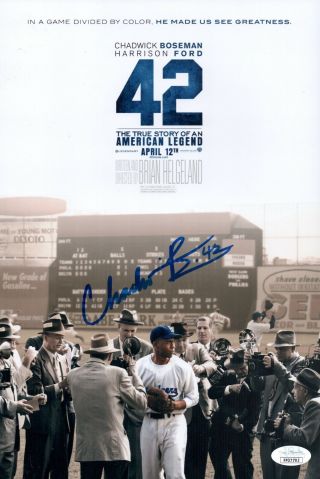 Chadwick Boseman Signed 42 Jackie Robinson Baseball 8x12 Photo Autograph Jsa