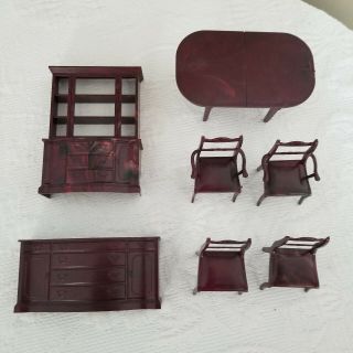 Vintage Marx Hard Plastic Doll House 7 Piece Dining Room Set In Marble Brown