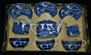 9 Pc Child’s Teaset,  Cup & Saucer,  Porcelain,  Japan,  Blue Willow,  C1930,  W/ Box