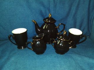 Grace Teaware Teapot,  Creamer,  Sugar & 2 Mugs Serving Set Black & Gold