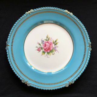 Vintage Aynsley Ornate Pink Cabbage Rose Turquoise & Gold Floral Dinner Plate 4