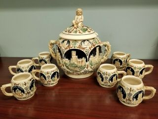 Gerz German Rumtopf Castle Stoneware Punch Bowl / Tureen Vintage With 8 Cups