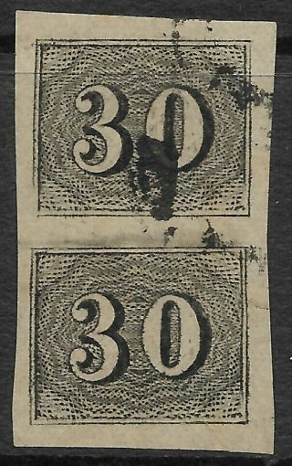 Stamps - Brazil.  1850.  30 Reis Black On Yellowish Paper.  Vertical Pair.  Sg: 19a.