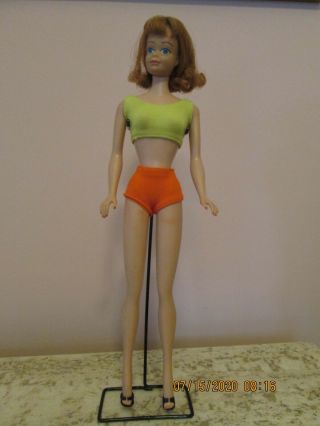 Vintage 1960s Mattel Midge Doll Straight Legs 1962 Japan W/ Outfit And Stand
