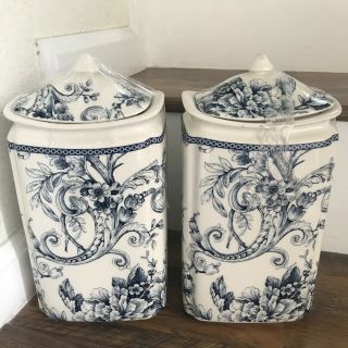 222 Fifth Adelaide Blue Bird Floral Canisters With Lids Set 2