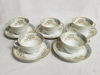 Set Of 5 Noritake " Cerulean " Cups And Saucers - Flowers With Blue Border