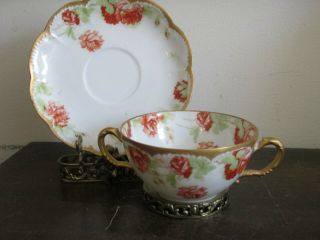 Haviland Limoges France Handpainted Cream Soup Cup And Saucer Roses Gold
