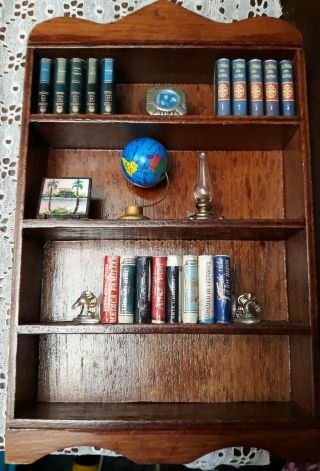 Wooden Dollhouse Miniature Bookcase Shelf With Paper Books,  Globe,  Bookends,  Lamp