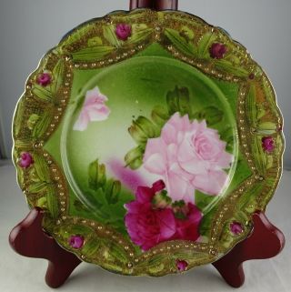 Hand Painted Antique Nippon Plate Red Pink Roses Heavy Gold With Beading