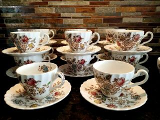 Johnson Bros Staffordshire Bouquet Brown Multicolor Cup & Saucer Set 14,  4 Cups
