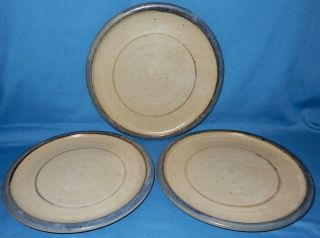 Set Of 3 Handthrown Pottery Stoneware 10 1/2 " Dinner Plates Gray White Blue Trim