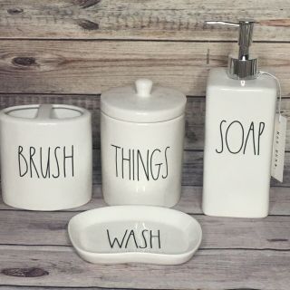 Rae Dunn Bathroom Accessories 4 Piece Set.  Soap Pump,  Brushes,  Things,  Wash Tray