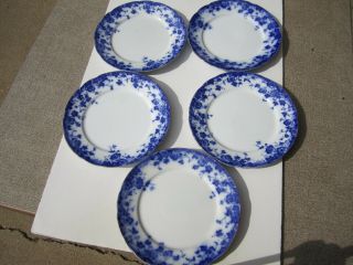 Set Of 5 Antique Flow Blue Vermont Pattern Dinner Plates