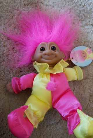 Vintage Russ Baby Troll Clown Jester Pink Yellow Troll Pink Hair - With Tags