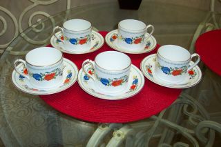 Aynsley Famille Rose Set Of 5 Each Cup And Saucers