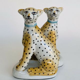 Pair Staffordshire Style Cheetah Leopard Cat Figurines Ceramic Statue Bookend