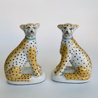 Pair Staffordshire Style Cheetah Leopard Cat Figurines Ceramic Statue Bookend 2