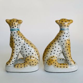 Pair Staffordshire Style Cheetah Leopard Cat Figurines Ceramic Statue Bookend 3