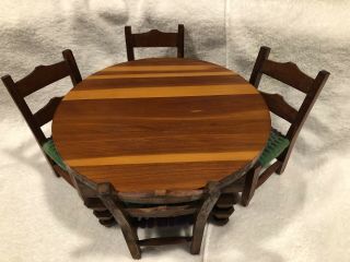 Vintage Hand Made Wood Furniture Round Table And Chairs Barbie Dolls Ooak