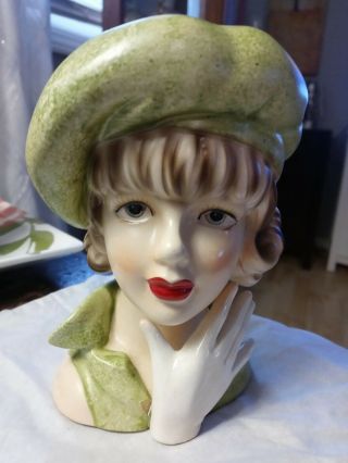 Vintage Relpo Lady Head Vase K1694/s Green Dress & Green Hat 5.  1/2 " Tall Japan